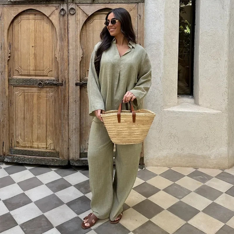 Ensemble V-Col Décontracté en Coton & Lin – Chemise Légère et Pantalon Long