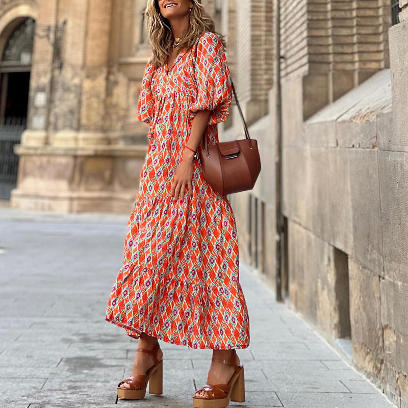 Robe Bohème Vintage d’Été – Col V & Imprimé Fleuri Élégant