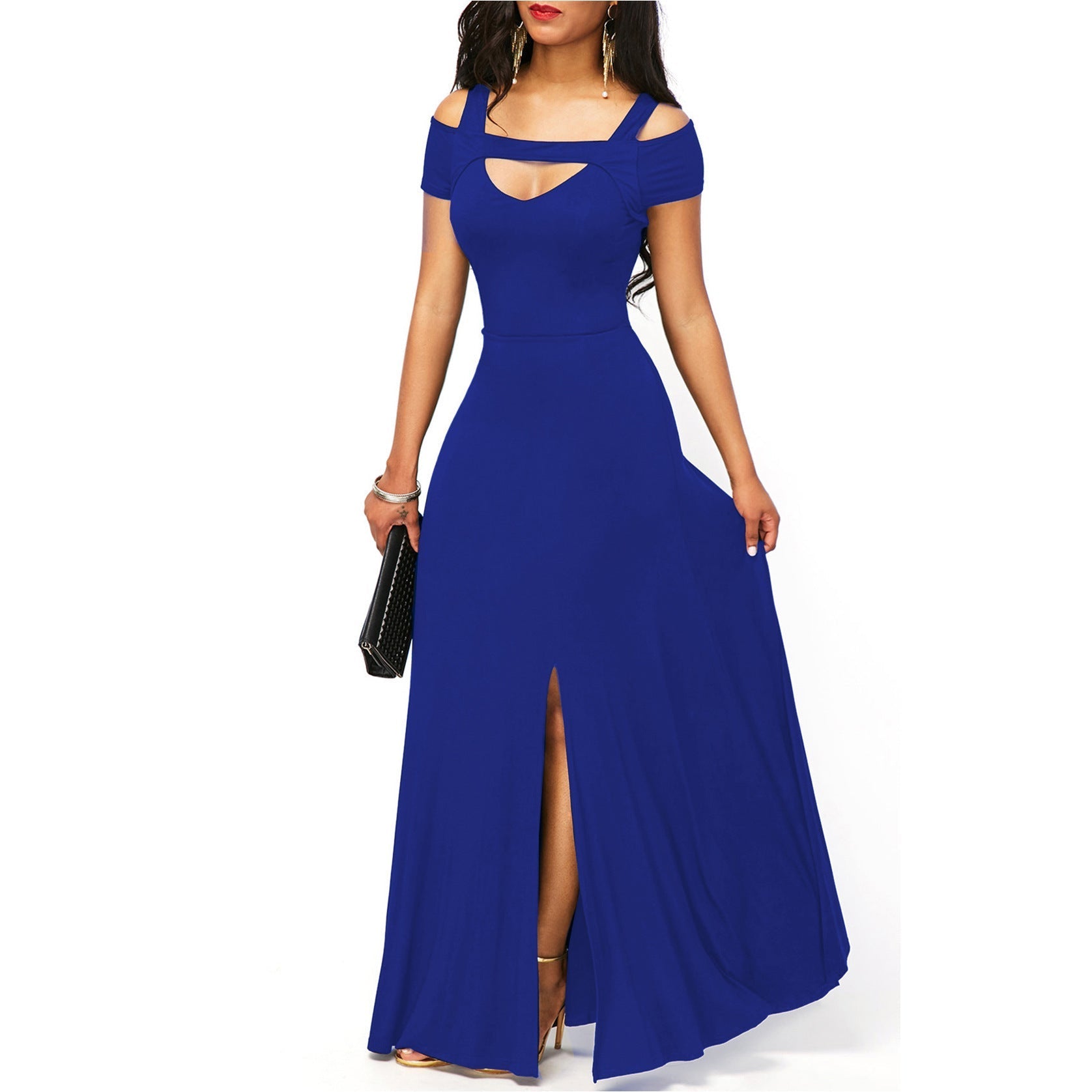 Robe de soirée moulante sans bretelles à col en V uni avec fente
