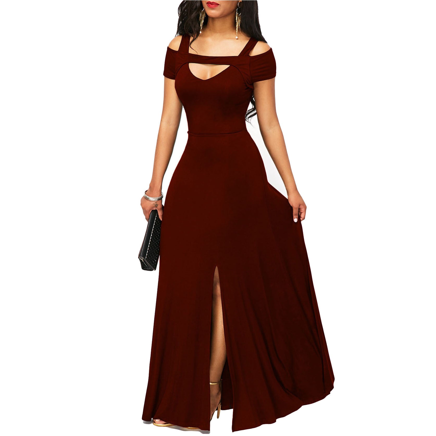 Robe de soirée moulante sans bretelles à col en V uni avec fente