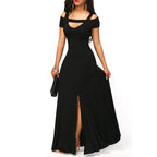 Robe de soirée moulante sans bretelles à col en V uni avec fente