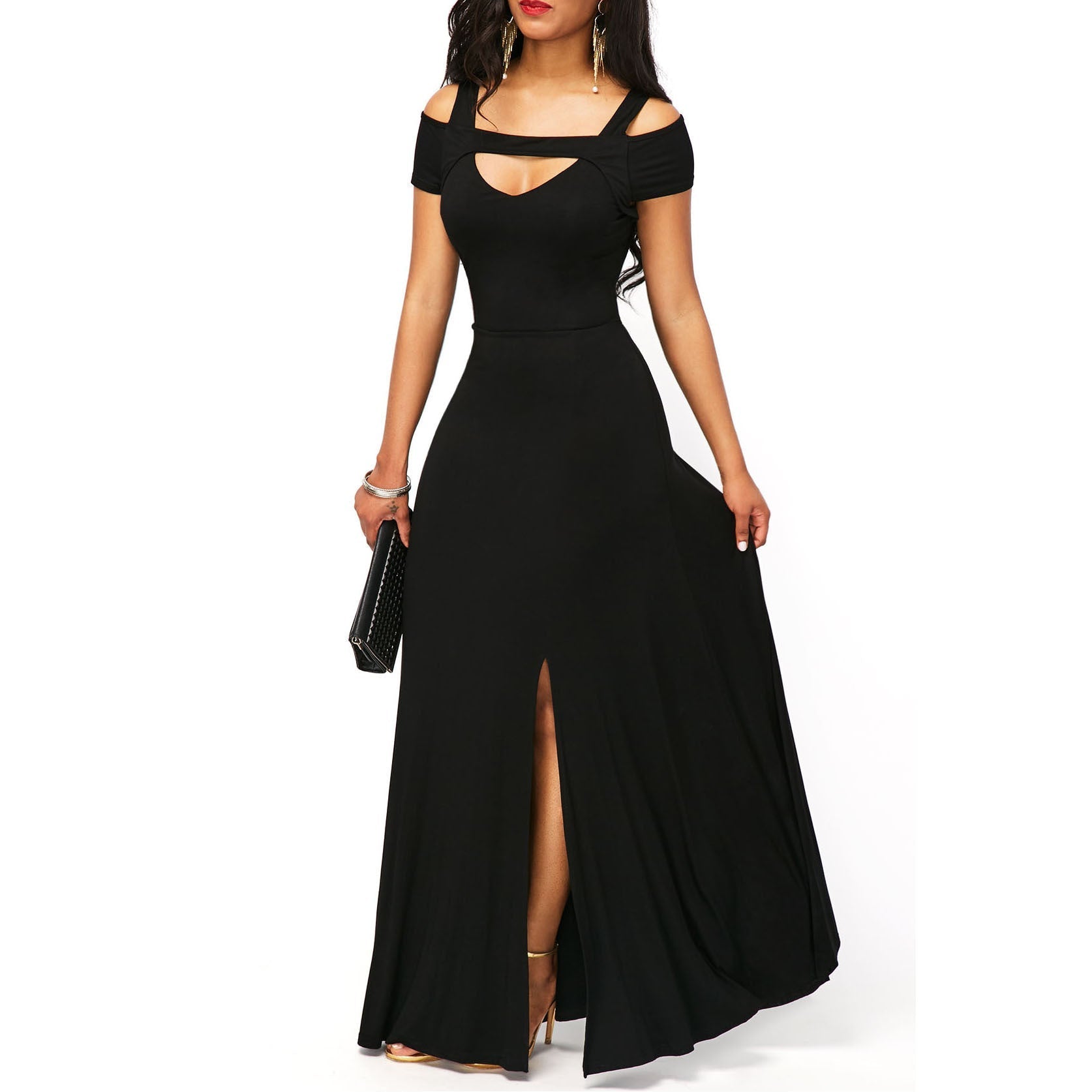 Robe de soirée moulante sans bretelles à col en V uni avec fente