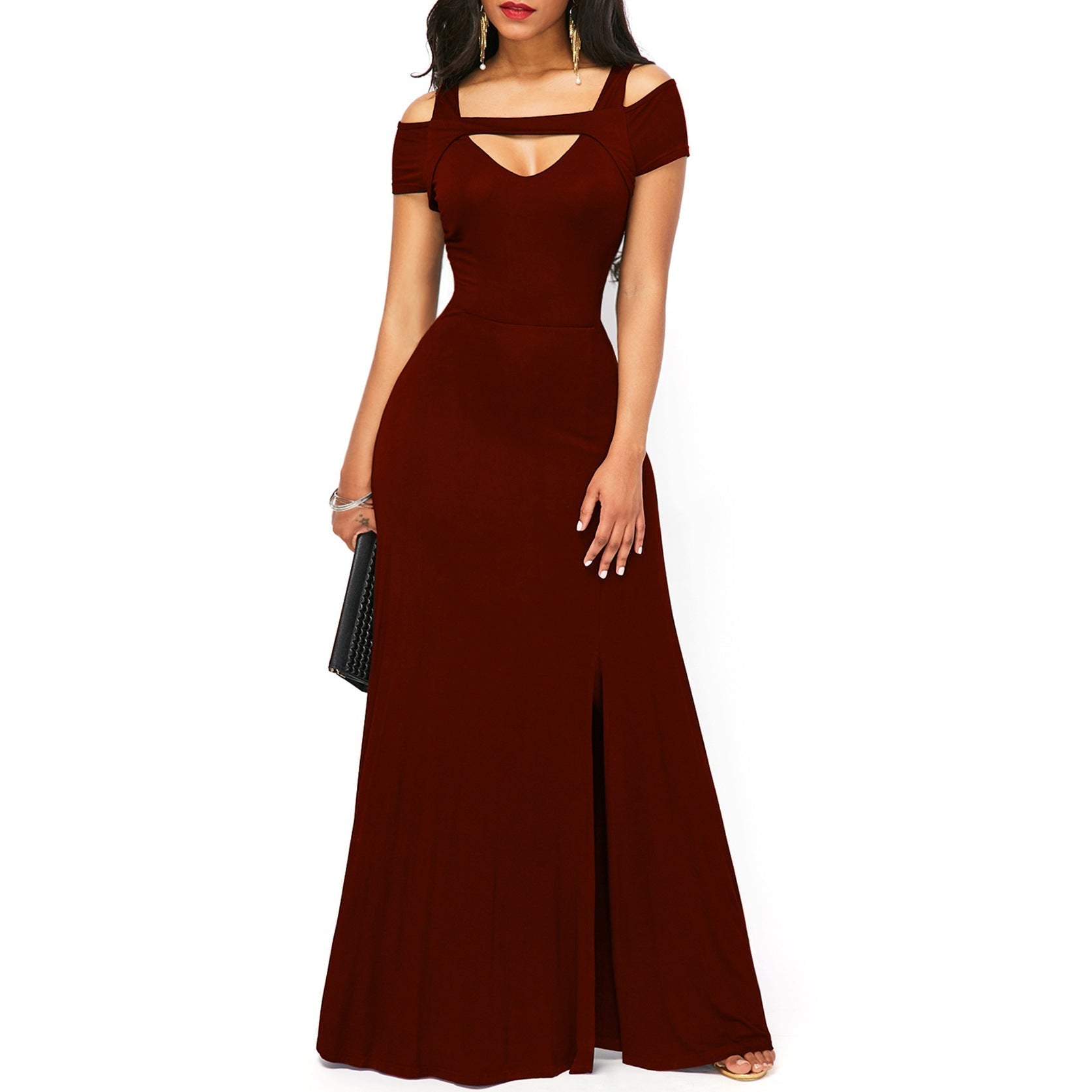 Robe de soirée moulante sans bretelles à col en V uni avec fente