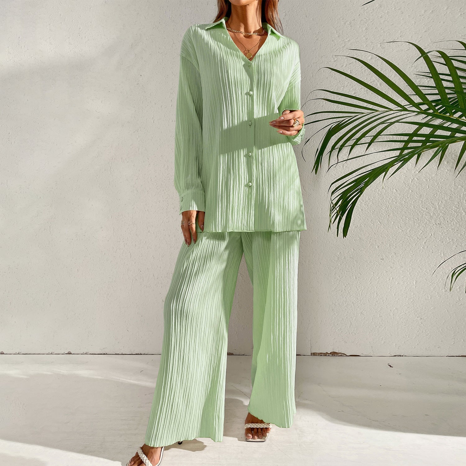 Ensemble Décontracté Élégant – Chemise Ample à Manches Longues & Pantalon Fluide