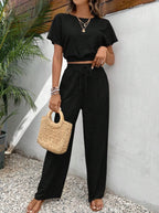 Ensemble Décontracté Deux Pièces – Haut Texture Fluide & Pantalon Uni Style Naturel