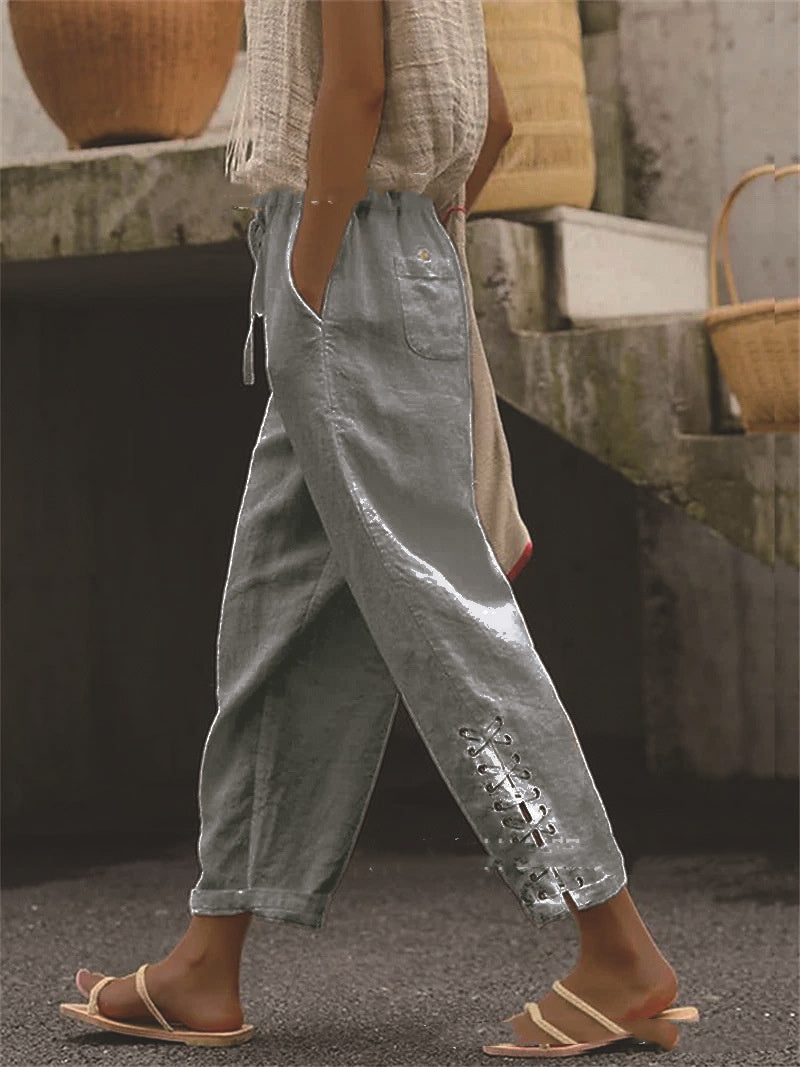 Pantalon Droit Femme en Lin Coton – Taille Élastique & Poches Pratiques