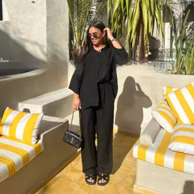 Ensemble Décontracté Femme en Coton & Lin – Style Coréen à Manches 3/4