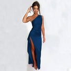 Robe Fendue Sexy à Une Épaule – Satin Uni, Dos Nu, Élégante et Moulante pour l’Été