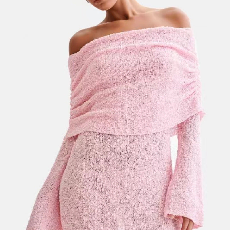 Mini-Robe Tricotée Chic – Col Bateau, Épaules Dénudées, Manches Longues, Style Club Élégant