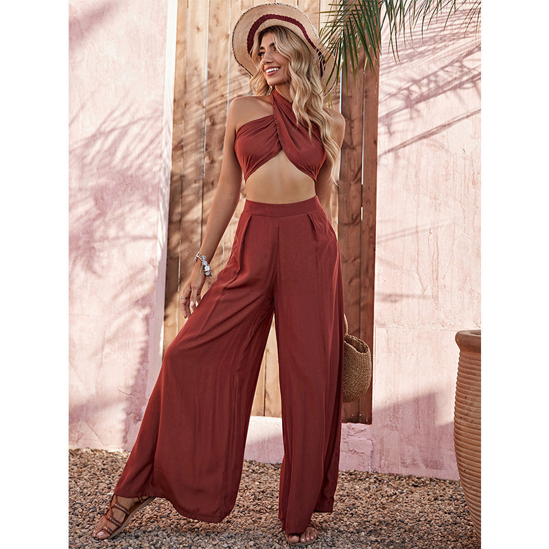 Ensemble Élégant Femme – Débardeur Halter & Pantalon Large Taille Haute