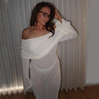 Robe Longue Sexy à Épaule Dénudée – Maille, Manches Longues, Style Vacances à la Plage