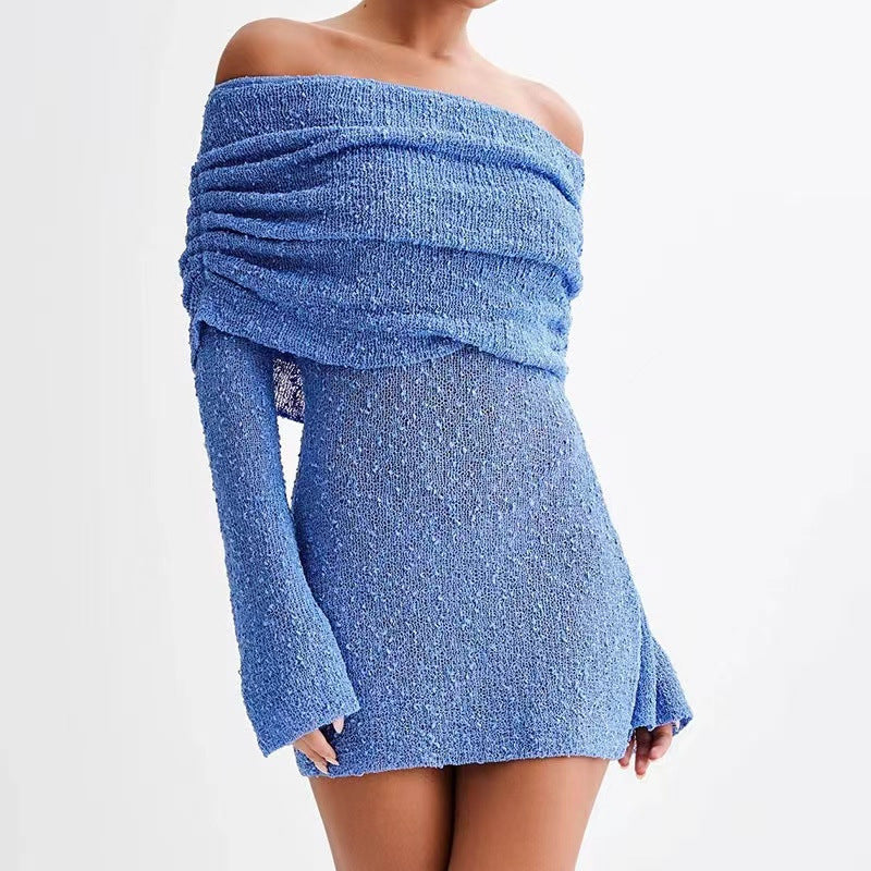 Mini-Robe Tricotée Chic – Col Bateau, Épaules Dénudées, Manches Longues, Style Club Élégant