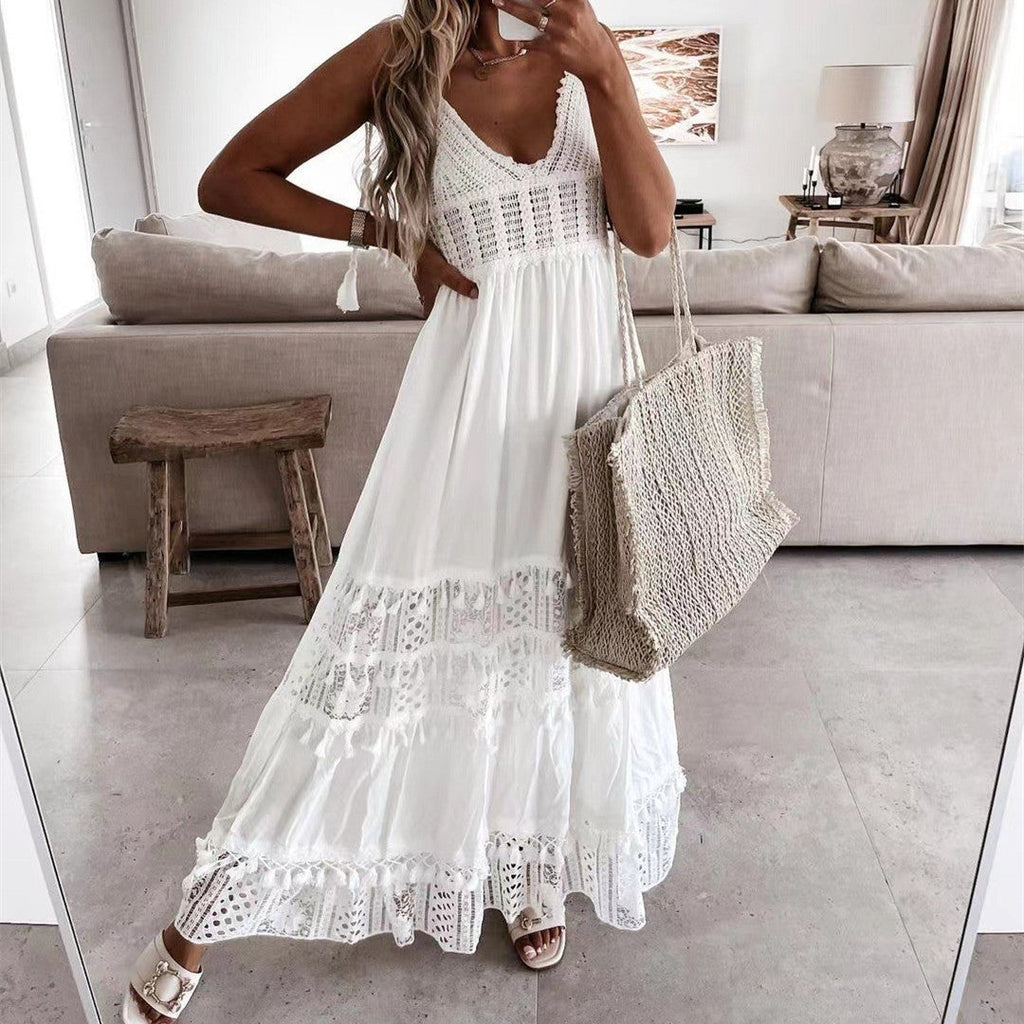 Robe Longue Décontractée Sans Manches avec Détail Dentelle – Élégance Naturelle