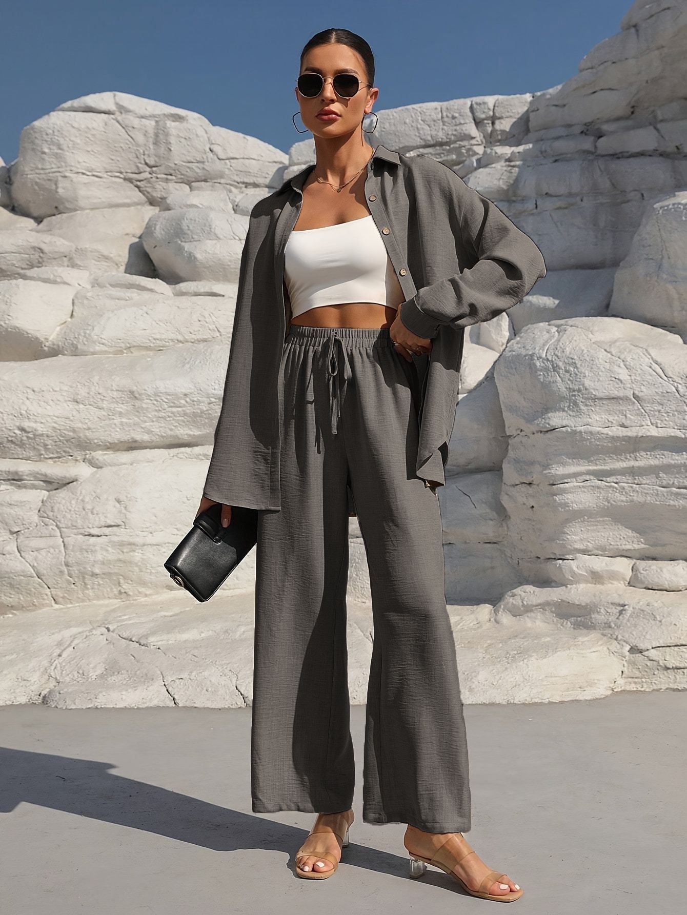 Ensemble Élégant Grande Taille – Cardigan Long & Pantalon Décontracté Unicolore