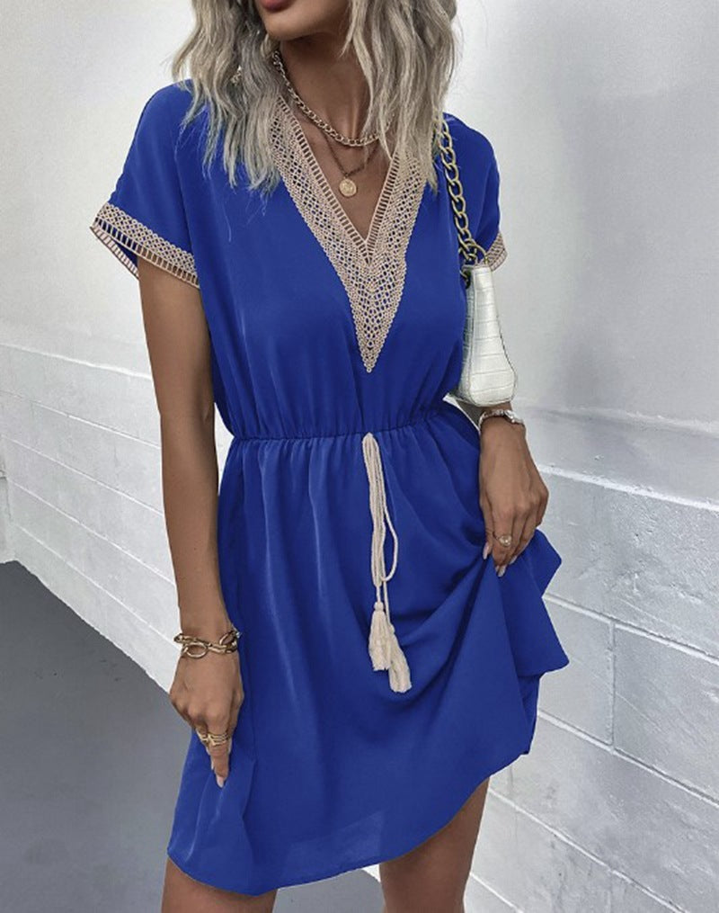 Robe Mi-Longue à Manches Courtes – Col V en Dentelle, Taille Ample, Couleur Unie