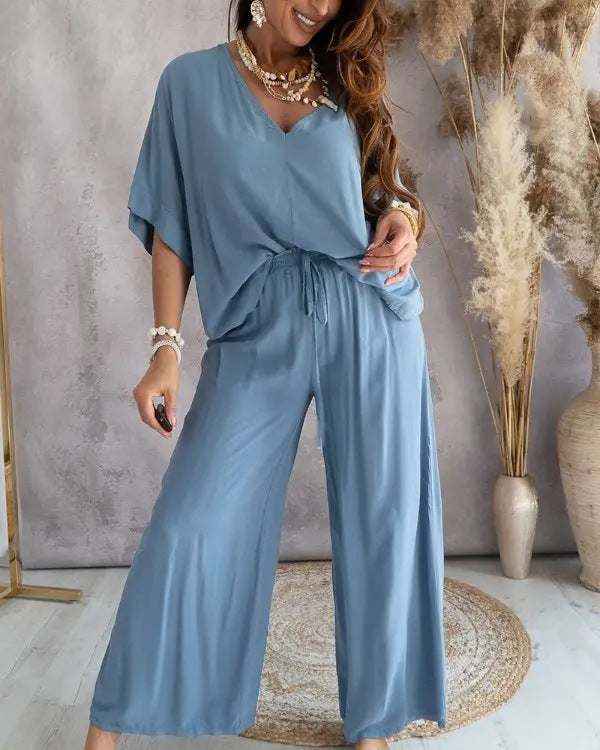 Ensemble Décontracté Haut Chauve-souris & Pantalon – Style Libre & Confort Élégant