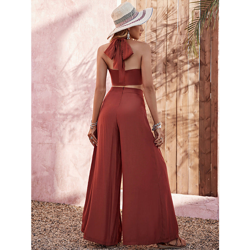 Ensemble Élégant Femme – Débardeur Halter & Pantalon Large Taille Haute