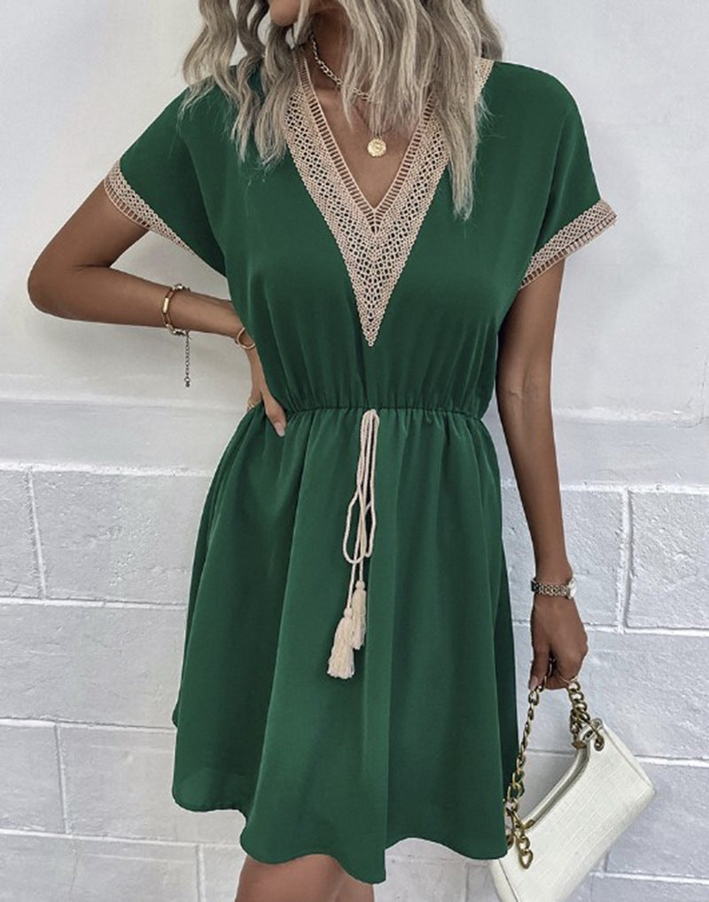 Robe Mi-Longue à Manches Courtes – Col V en Dentelle, Taille Ample, Couleur Unie