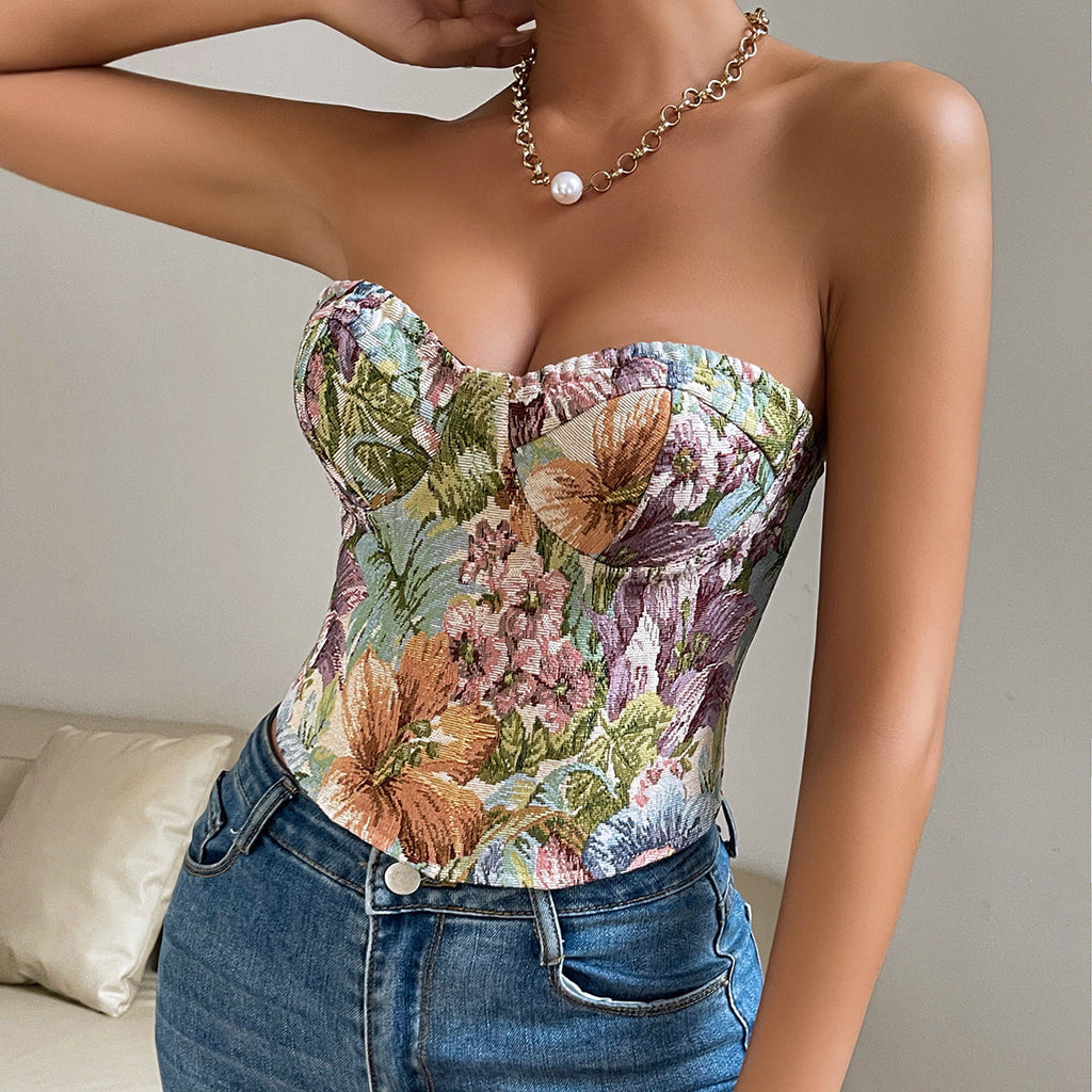Corset Y2K Sans Bretelles à Fleurs – Top Court Sexy Noué au Dos pour Femmes | Tendance INS 2025