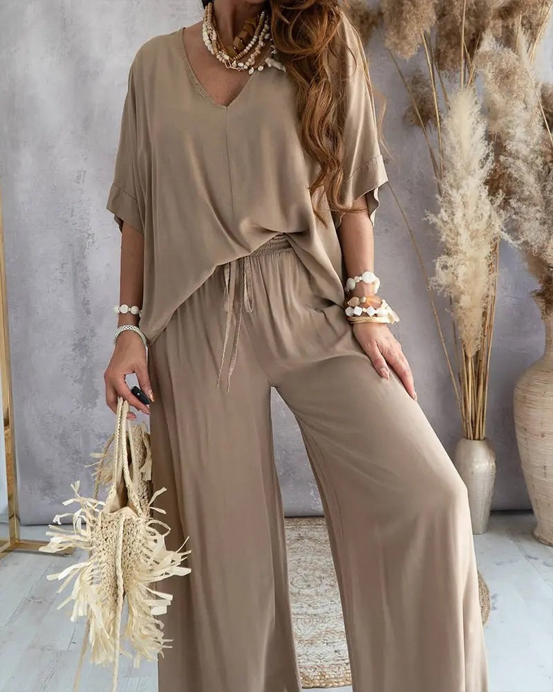 Ensemble Décontracté Haut Chauve-souris & Pantalon – Style Libre & Confort Élégant