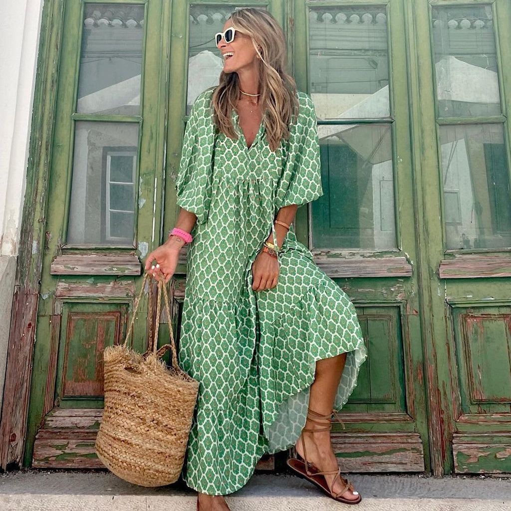 Robe Bohème Vintage d’Été – Col V & Imprimé Fleuri Élégant
