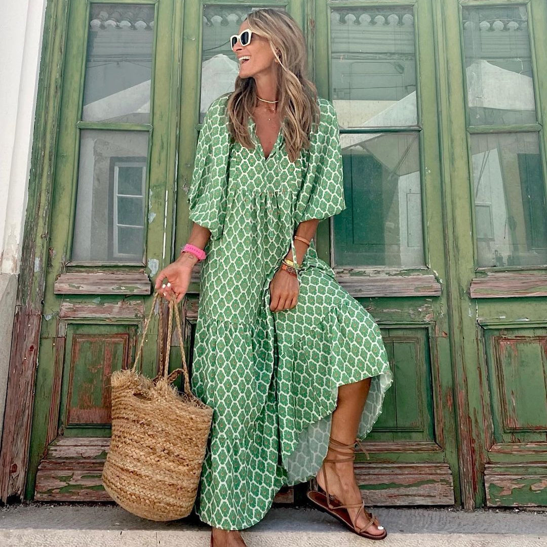 Robe Bohème Vintage d’Été – Col V & Imprimé Fleuri Élégant