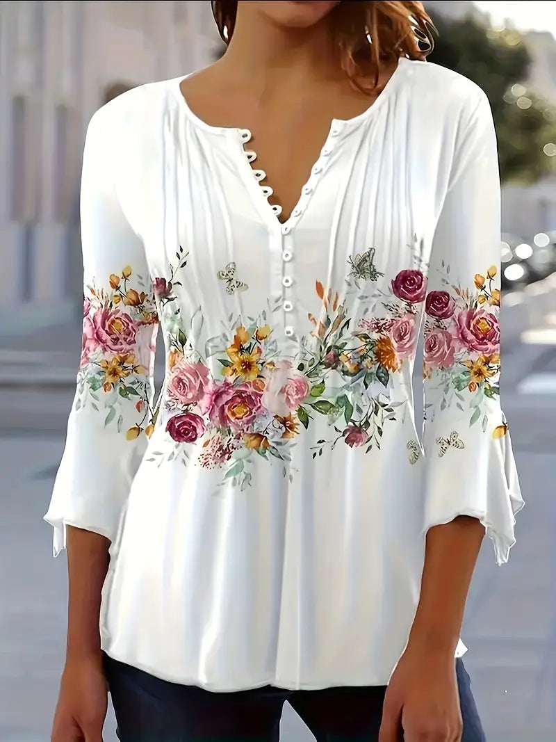 Blouse Fleurie Col Notch – Printemps/Été