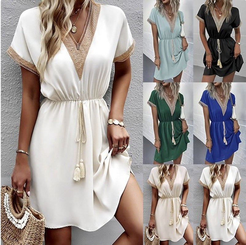 Robe Mi-Longue à Manches Courtes – Col V en Dentelle, Taille Ample, Couleur Unie