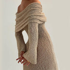 Robe Longue Sexy à Épaule Dénudée – Maille, Manches Longues, Style Vacances à la Plage