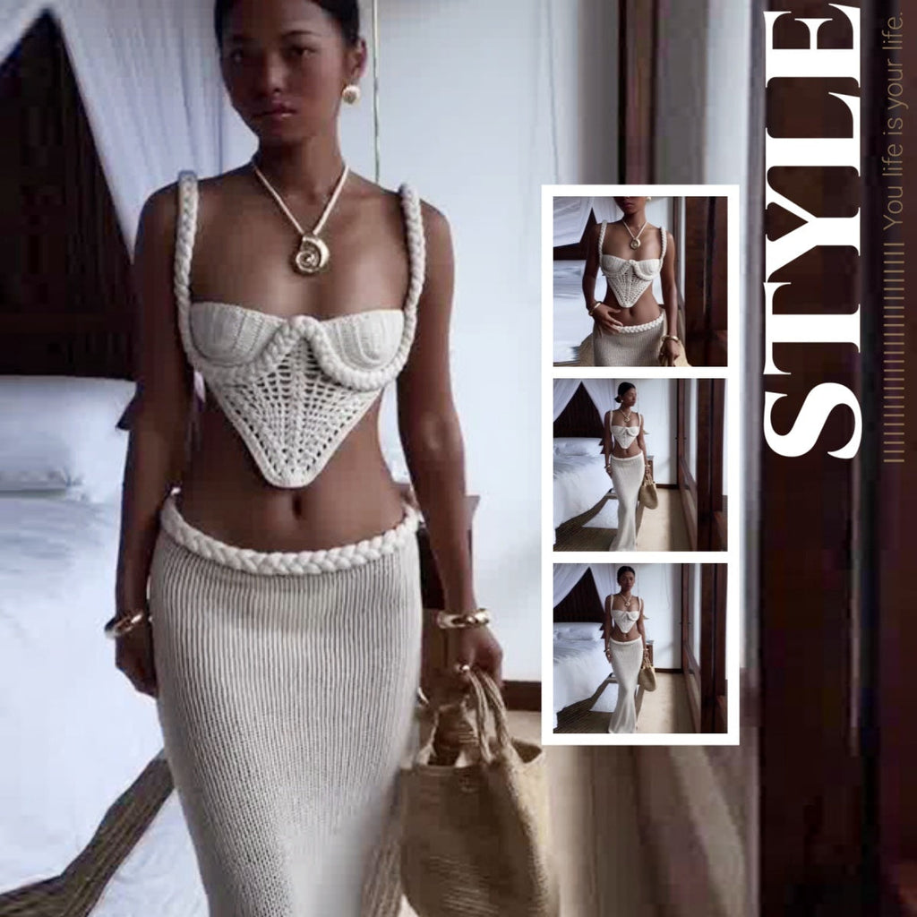 Set Sexy Femme Été – Haut Bandeau Crochet et Jupe Longue Fendue Taille Basse