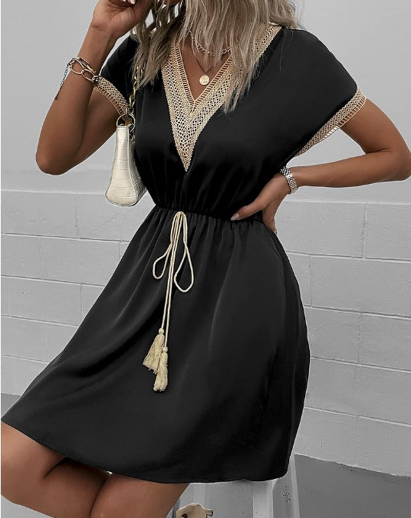 Robe Mi-Longue à Manches Courtes – Col V en Dentelle, Taille Ample, Couleur Unie