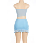 Ensemble “Hot Girl Summer” – Haut bandeau & mini-jupe en résille bleu ciel