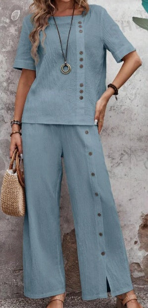 Ensemble Décontracté Printemps/Été – Chemise Boutonnée & Pantalon Ample 100% Coton