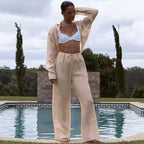 Ensemble Décontracté Femme – Blouse Longue & Pantalon Fluide Abricot