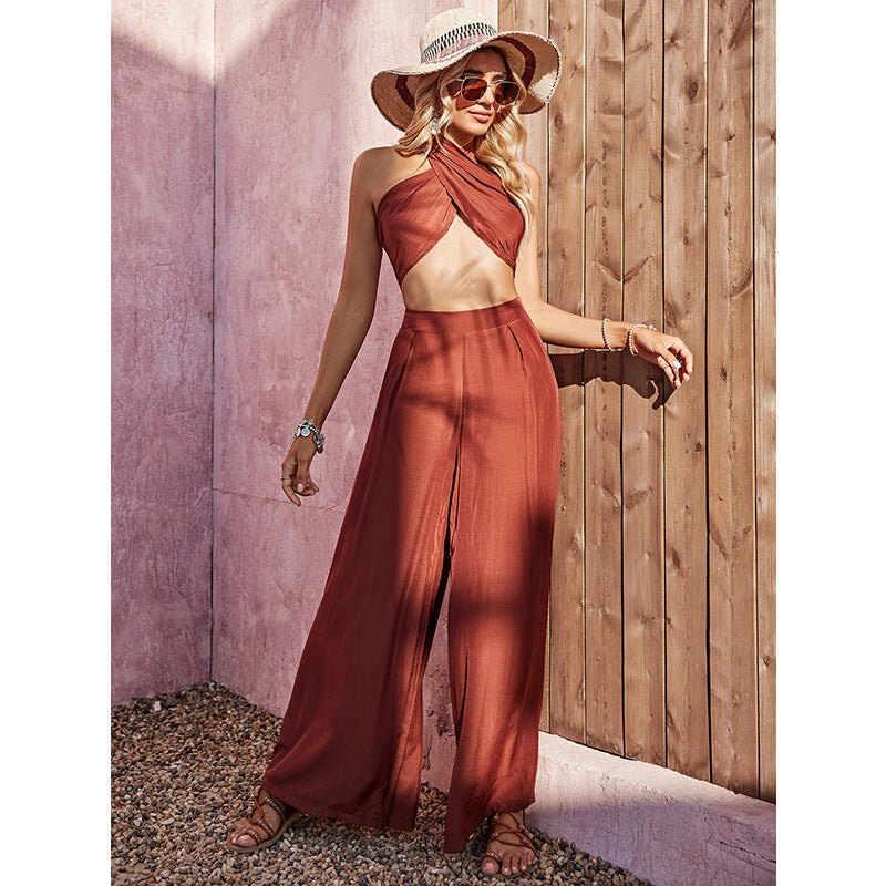 Ensemble Élégant Femme – Débardeur Halter & Pantalon Large Taille Haute