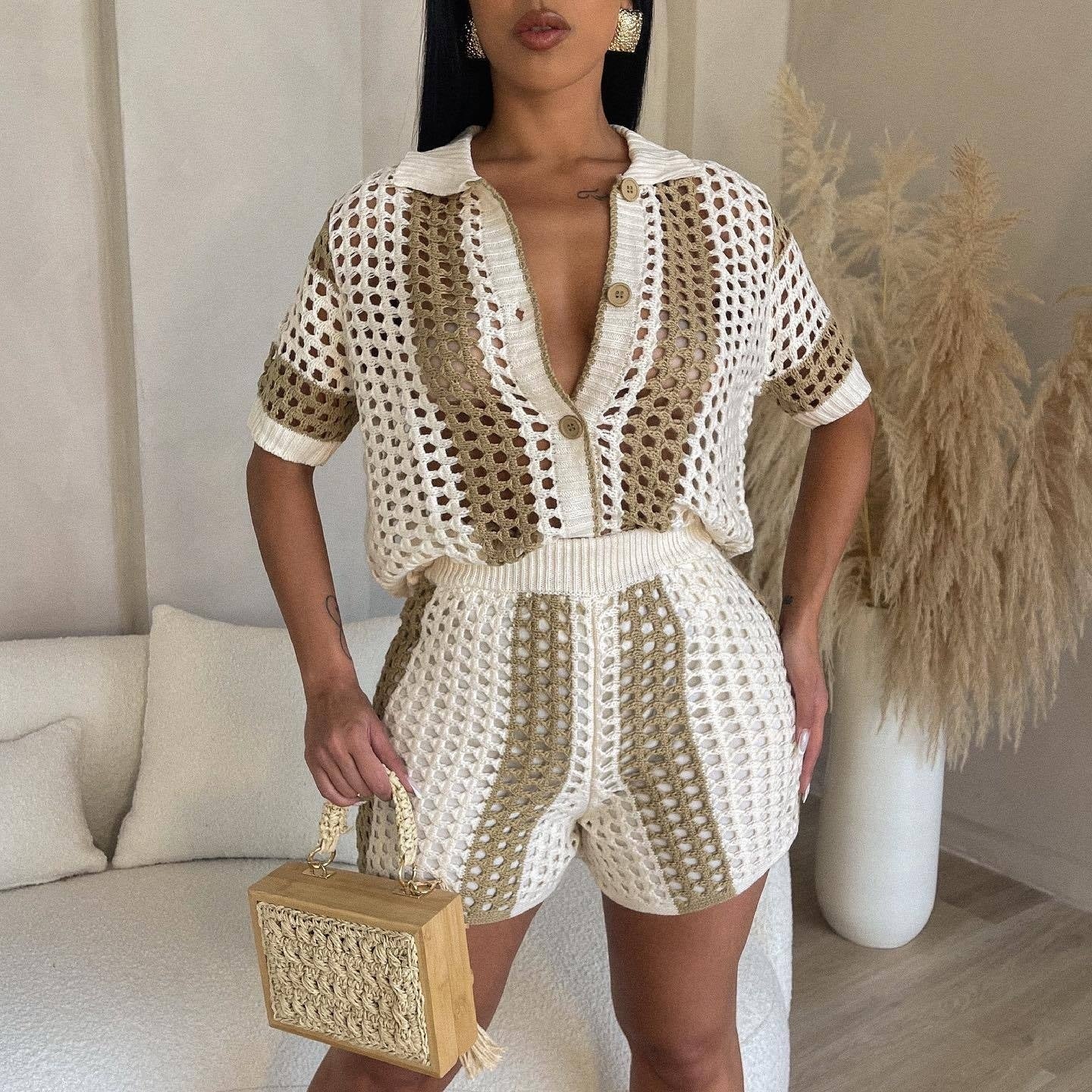 Ensemble Femme en Maille à Carreaux Transparent avec Revers – Haut et Shor