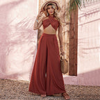 Ensemble Élégant Femme – Débardeur Halter & Pantalon Large Taille Haute