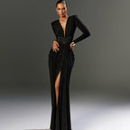 Robe Longue Noire à Décolleté en V Profond, Manches Longues et Fente Haute