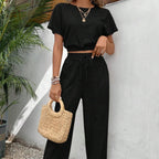 Ensemble Décontracté Deux Pièces – Haut Texture Fluide & Pantalon Uni Style Naturel