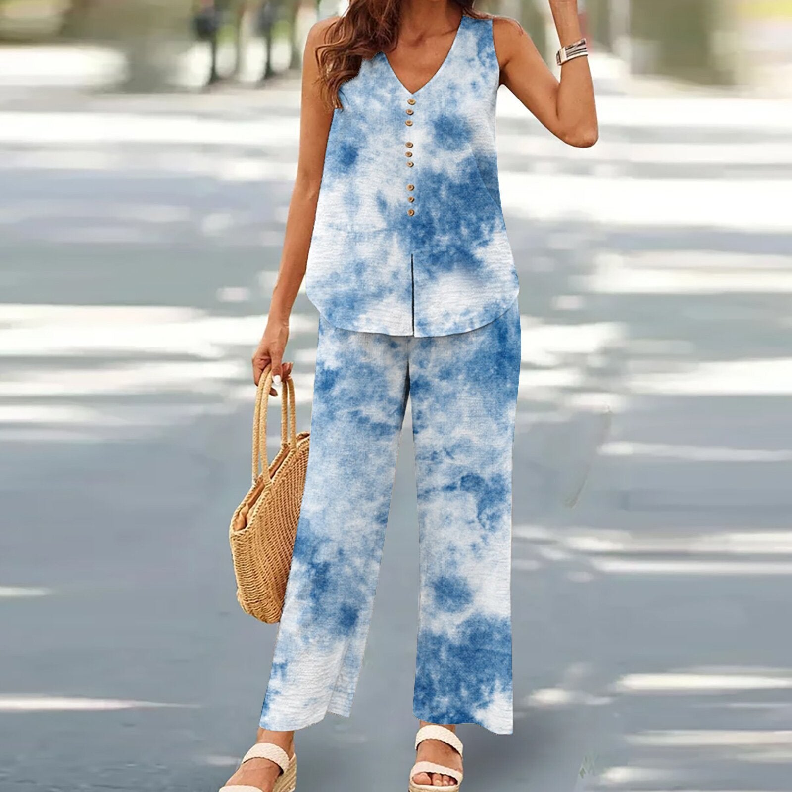 Ensemble Décontracté Imprimé 3D Femme – Débardeur & Pantalon Large en Soie Glacée