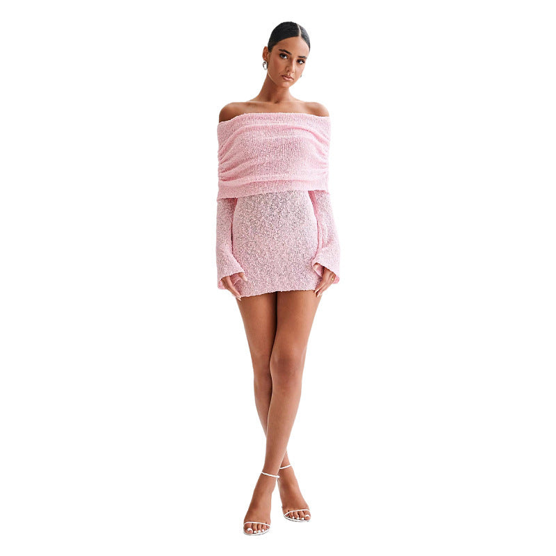 Mini-Robe Tricotée Chic – Col Bateau, Épaules Dénudées, Manches Longues, Style Club Élégant