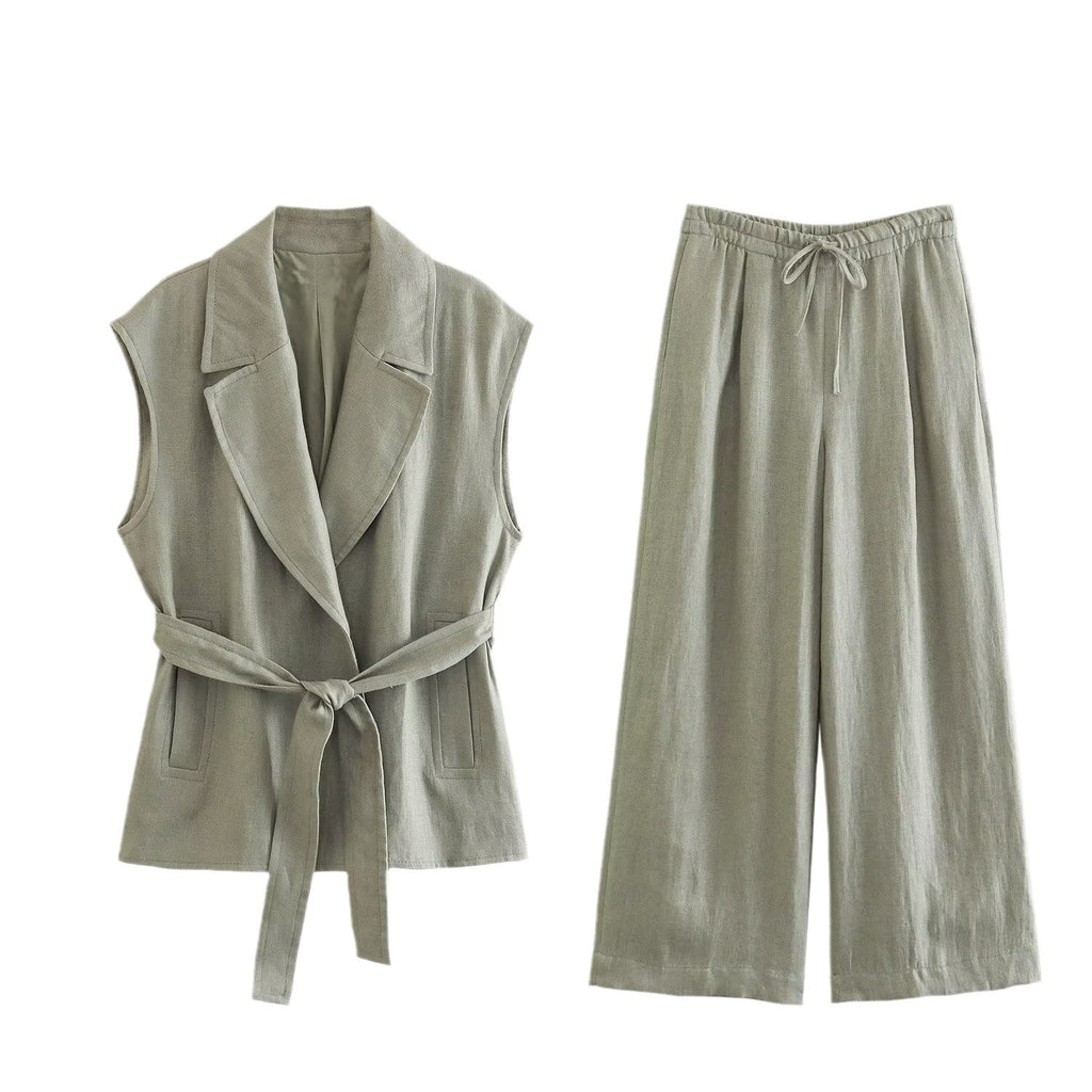 Ensemble Gilet Lin Ceinturé – Style Urbain Élégant