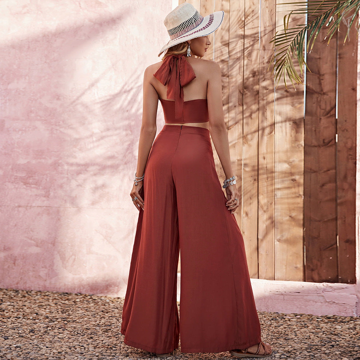 Ensemble Élégant Femme – Débardeur Halter & Pantalon Large Taille Haute
