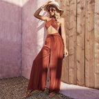 Ensemble Élégant Femme – Débardeur Halter & Pantalon Large Taille Haute