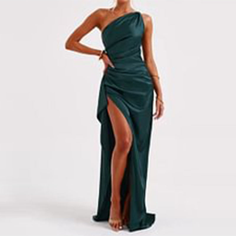 Robe Fendue Sexy à Une Épaule – Satin Uni, Dos Nu, Élégante et Moulante pour l’Été