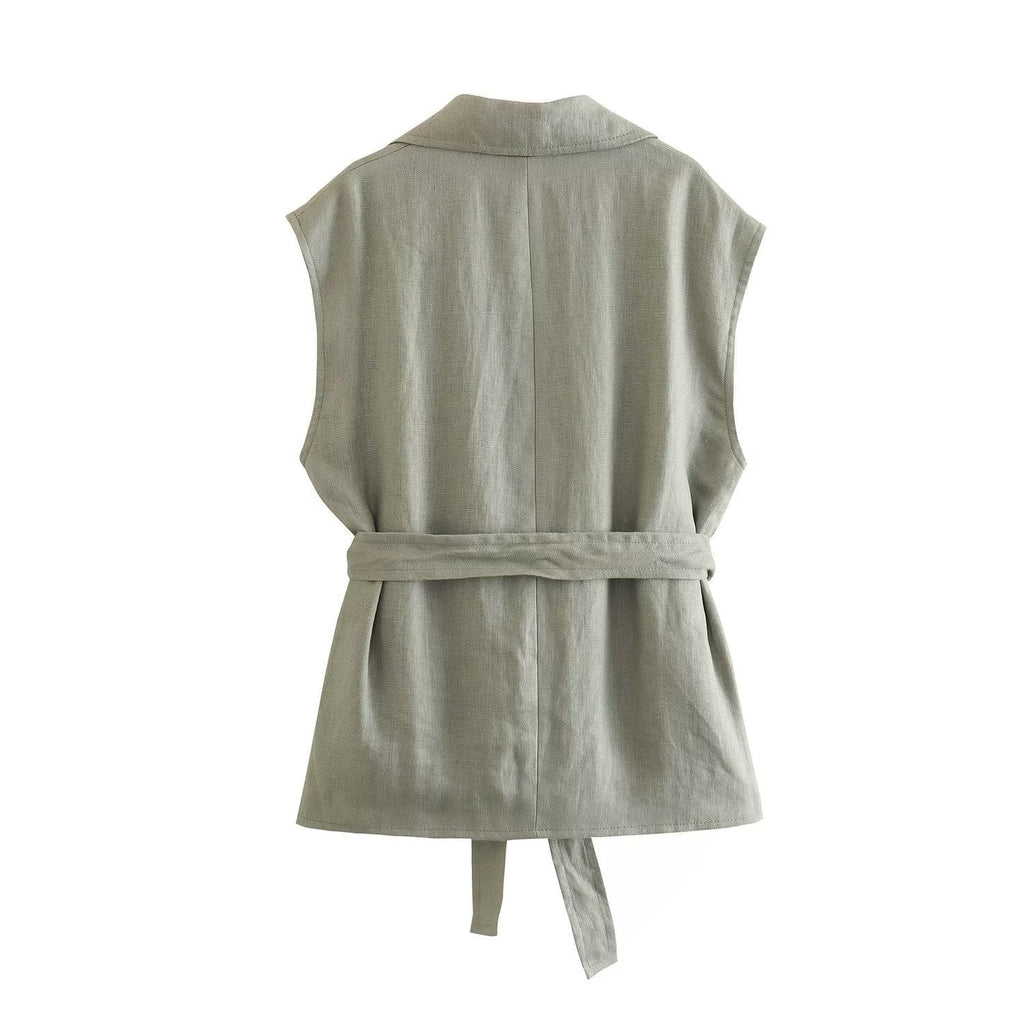 Ensemble Gilet Lin Ceinturé – Style Urbain Élégant