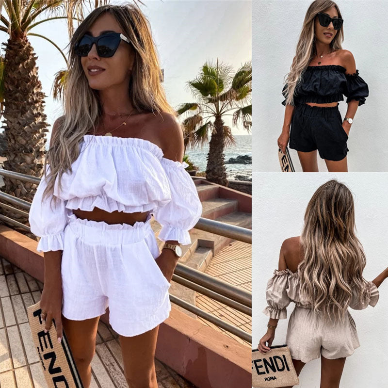 Ensemble Deux Pièces Sexy – Haut Bustier & Short Taille Haute à Volants