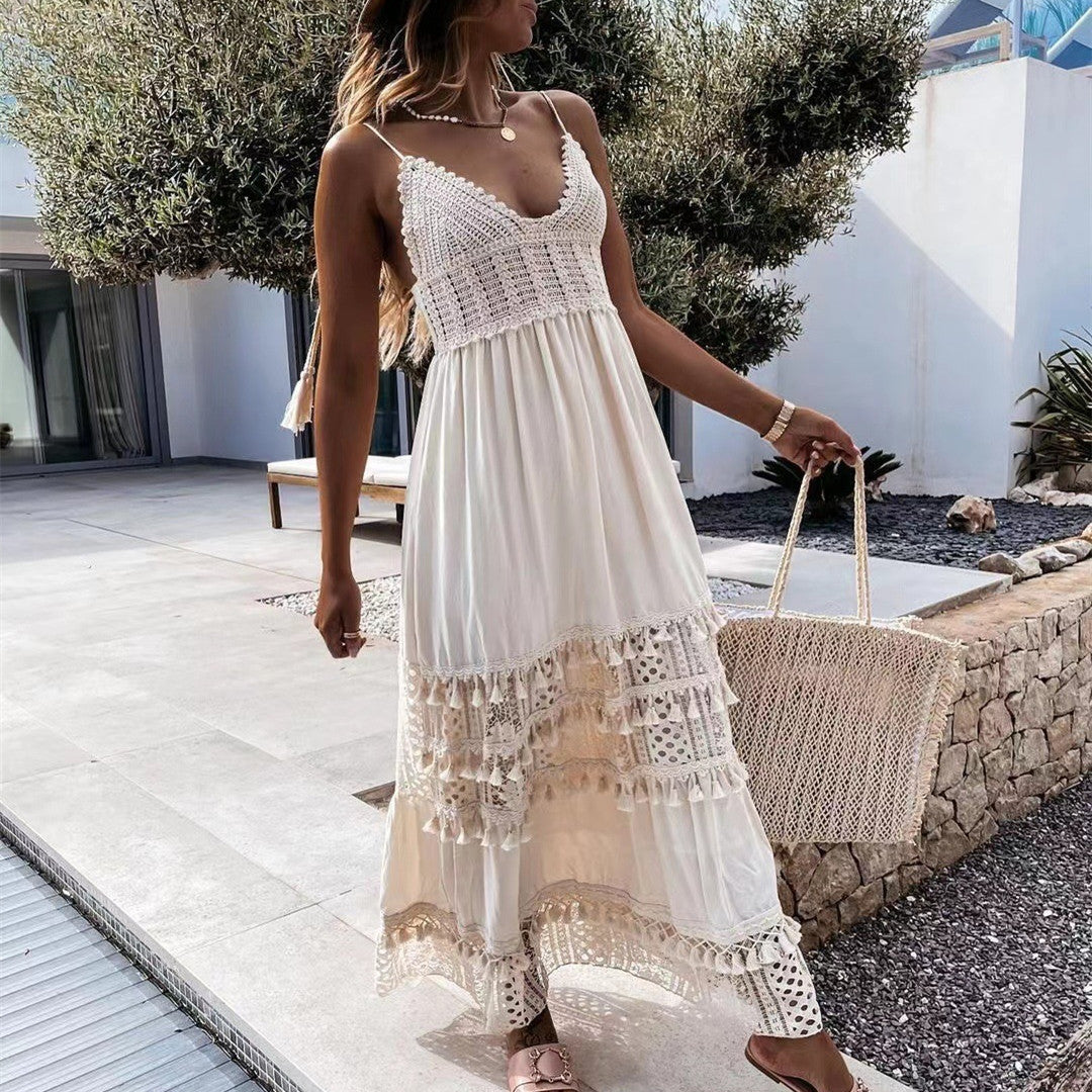 Robe Longue Décontractée Sans Manches avec Détail Dentelle – Élégance Naturelle
